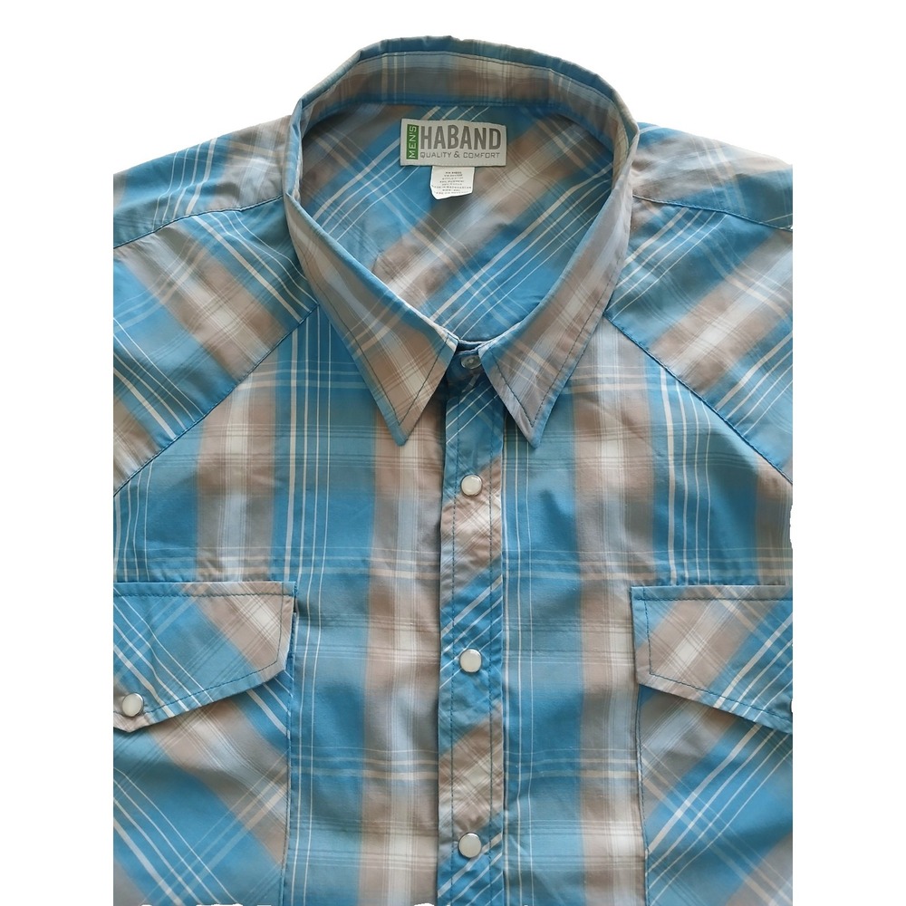 Haband Blue & Grey Plaid Causal Comfort Men's Short SL Shirt Pearl Snap Size 4XL